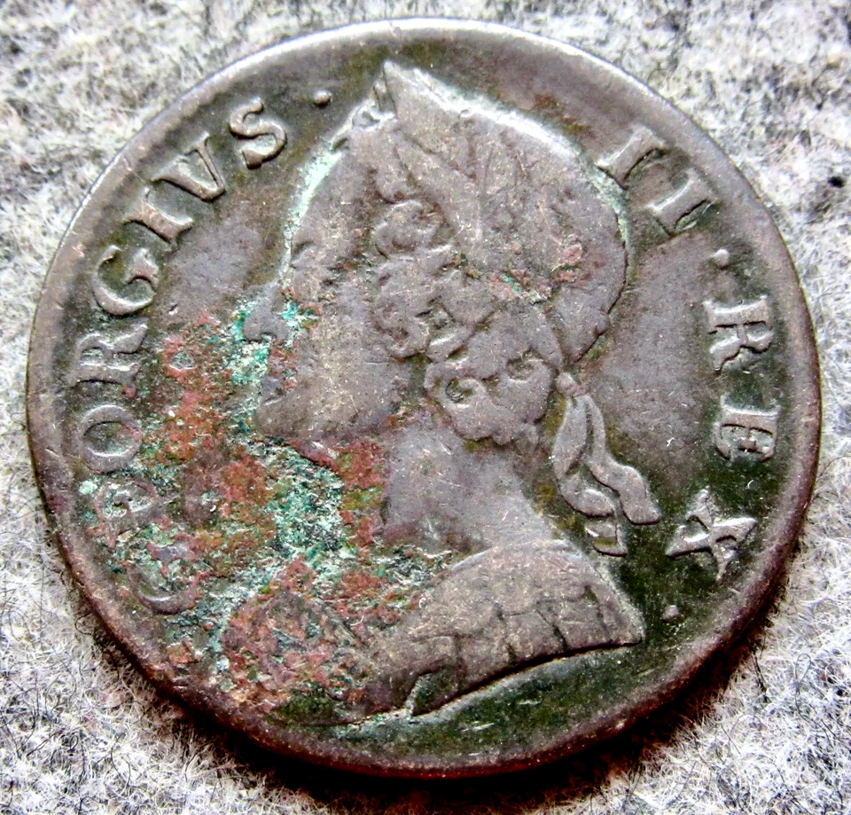 GREAT BRITAIN GEORGE II 1750 HALFPENNY, US EARLY DAYS COLONIAL COPPER - Image 2 of 4