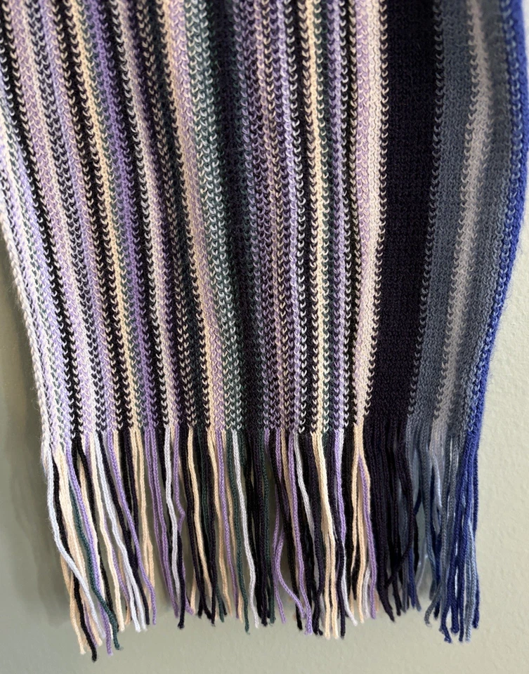 Missoni Made in Italy Blue & Purple Striped Knit Wool Blend Scarf with Fringe - Image 3 of 4