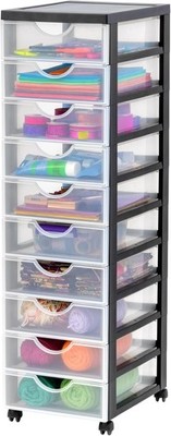Iris Ohyama DDDC-010 Plastic Drawer Box with Wheels 10 Flat Drawers Black Pull H