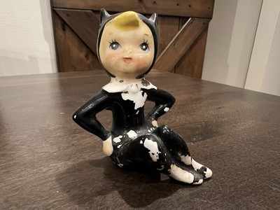 RARE Kewpie Black Cat Pixie Figurine - MCM Elf Miniature Large Ears 1950s Japan