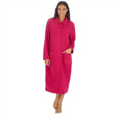 Ladies Button Housecoat Robe Longer Length Fleece Dressing Gown