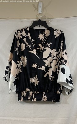 WHBM Black Floral Bell Sleeve Smocked Waist Blouse Women's M
