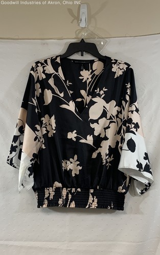 WHBM Black Floral Bell Sleeve Smocked Waist Blouse Women's M