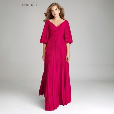Rickie Freeman for Teri Jon V-Neck Puff Sleeve Pleated Chiffon Gown Pink  Plus 22 | eBay