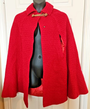 VTG Womens S/M Red Textured Print Wool Cape Cloak Lined Buttons Chain 50s 60s
