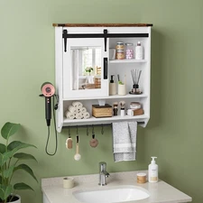 Wall Mount Mirror Cabinet w/Adjustable Shelf, Hairdryer Rack & 5 Hooks Bathroom✅