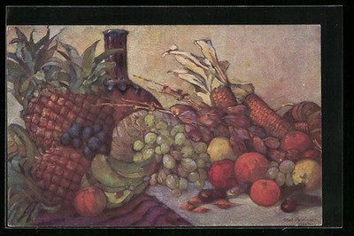 Bottle with pineapple, grapes and corn cob, fruit, postcard