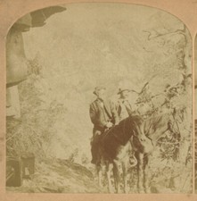 MEN ON HORSEBACK/MULE, VINT OUTDOOR STEREOVIEW, RUGGED LANDSCAPE