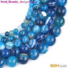 Natural Genuine Striped Blue Agate Gemstone Beads For Jewelry Making 15" Gift