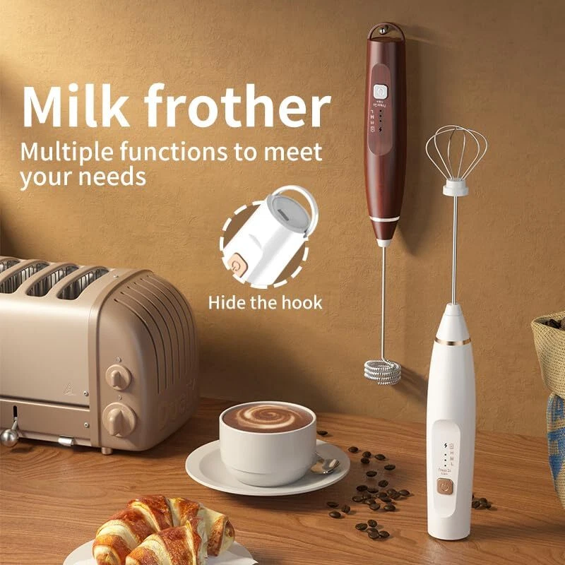 Milk Frother Handheld Foam Maker with 2 Stainless Stirring Head 3 Speed Recha...