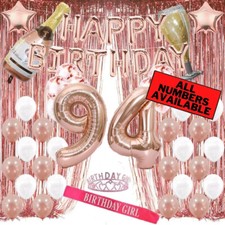 94th Birthday Rose Gold Decorations - 40" Number Balloons, Foil Curtains  More