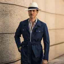 Vintage Mens Blue Safari Jacket Linen Slim Fit Coat Multi Pockets Tailored 2026