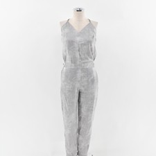 HALSTON HERITAGE Jumpsuit Womens Sz 0 Gray Satin Jogger Spaghetti Strap V Neck