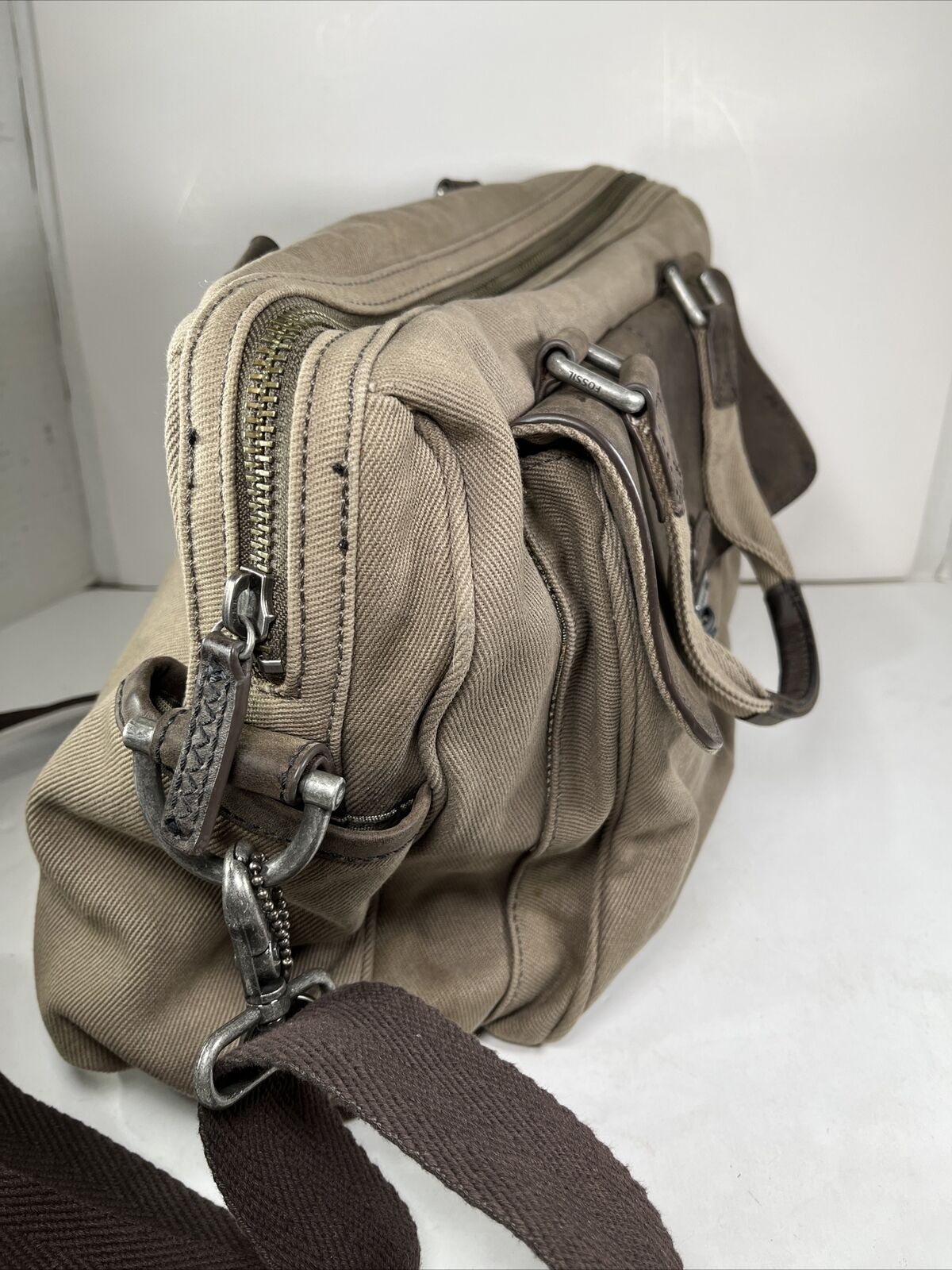 Fossil Beige Canvas with Brown Leather Laptop Bag - image 8