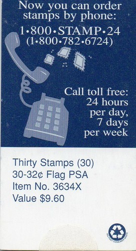 U.S. MAKESHIFT BKLT OF 30 STAMPS SCOTT#BK227 1995 32ct FLAG/PORCH MINT No. 3634X - Picture 2 of 2