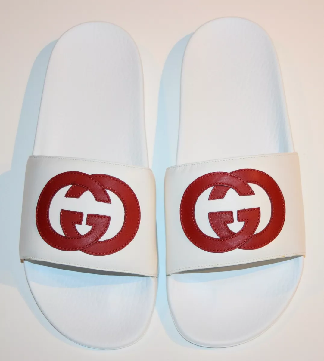 NIB Gucci GG Logo Monogram Interlocking White Red Slides Sandals