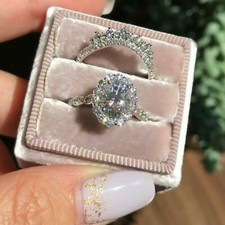2Ct White Oval Halo CZ Engagement Wedding Ring Set In 925 Sterling Silver