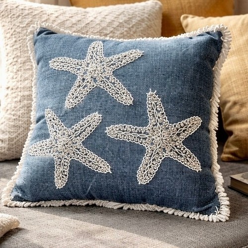 Beaded Starfish Throw Pillow w/ Fringe Blue Denim Coastal Motif 12" x 12" - Picture 1 of 3