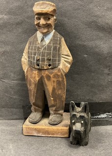 Wood Carved Wooden Old Man Vest Grandpa & Dog Scottish Terrier Vintage