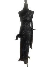 Black sequined one- shoulder dress with side slit size M designed by FashionNova