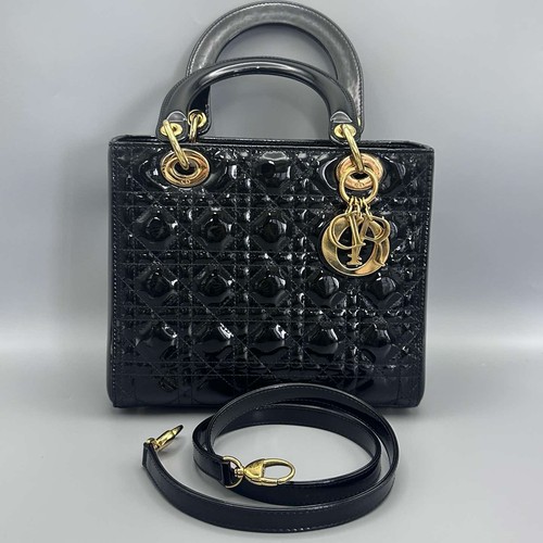Dior Lady Dior Black Patent Leather Cannage Quilted Handbag Gold Hardware