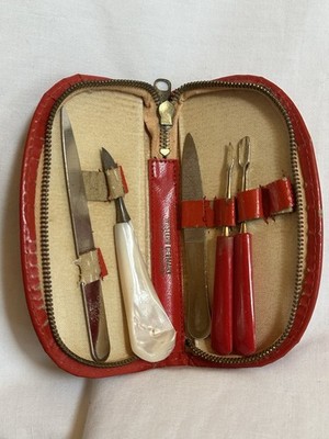 Vintage West Germany Red Leather Manicure Grooming Kit Case w Tools AS-IS