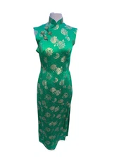Vtg Mohan’s Cheongsam Dress Green Gold Silk Jacquard Asian Print Hong Kong M 28”