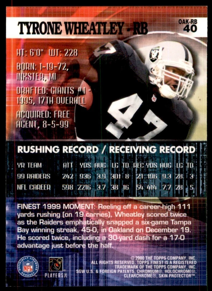 2000 Topps Finest Tyrone Wheatley Football Cards #40 - Image 2 of 2