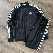 Adidas Jogger Set Men M Black White Full Zip Track Tapered Pants Pocket 3 Stripe