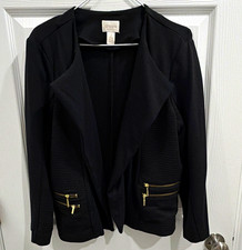 Chico's Women's Black Open Front Jacket Gold Tone Zip Pockets Long Sleeve 2
