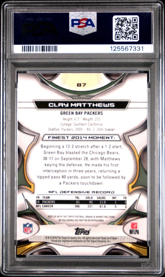 2015 Topps Finest 87 Clay Matthews Gold Refractor #/150 PSA 9 Green Bay Packers - Image 2 of 2