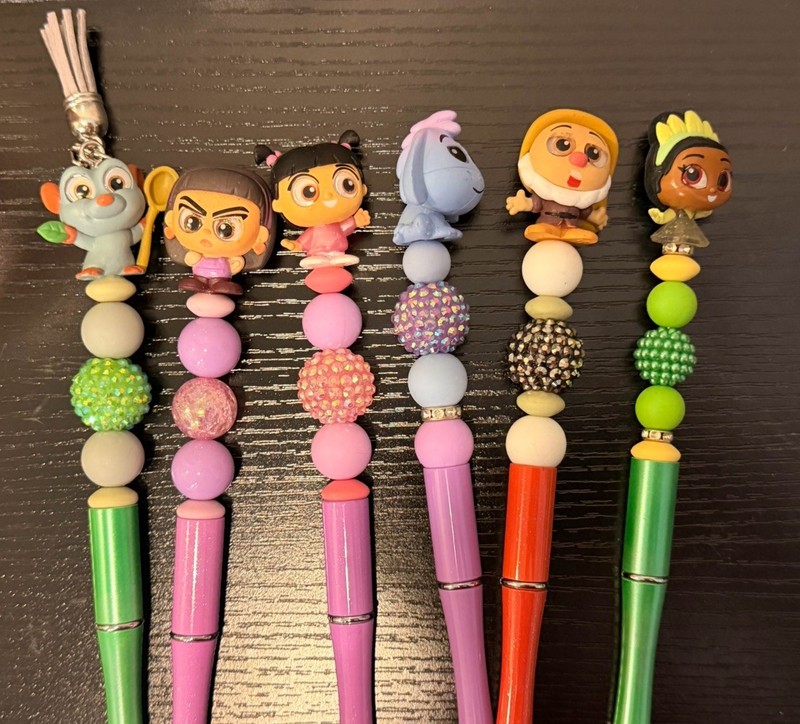Lot of 6 Plastic Beaded Character Topper Pens, Assorted Colors