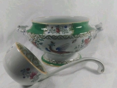 Minton Cockatrice Suppenterrine & Schöpfkelle grün Vogelmuster Vintage England