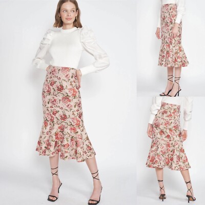 En Saison Pink Floral Print Jacquard Midi Ritchie Trumpet Skirt Wm Small