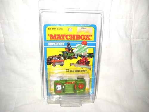 MIP 1971 Matchbox #13 Baja (Dune) Buggy, Green w Red Pipes VG 1971 Card/Pack
