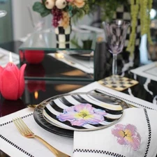 Black & White Checkered Dinner Napkin Set of 2 with Pink Flower Design - Elegant