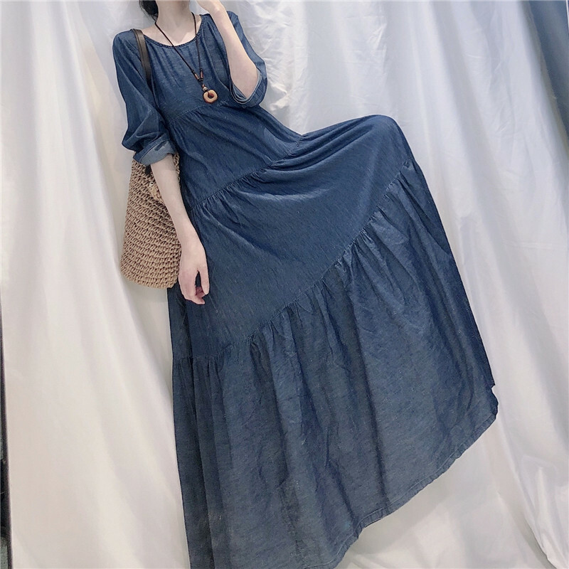 Womens Denim Long Sleeves Loose Oversize Maxi Dress Casual Gown Shirt