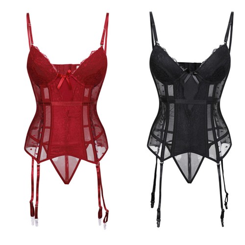 Damen Sexy Spitze Netz Bustier Korsett Strumpfband Gürtel Durchsichtig Dessous Turnanzug - Bild 3 von 15