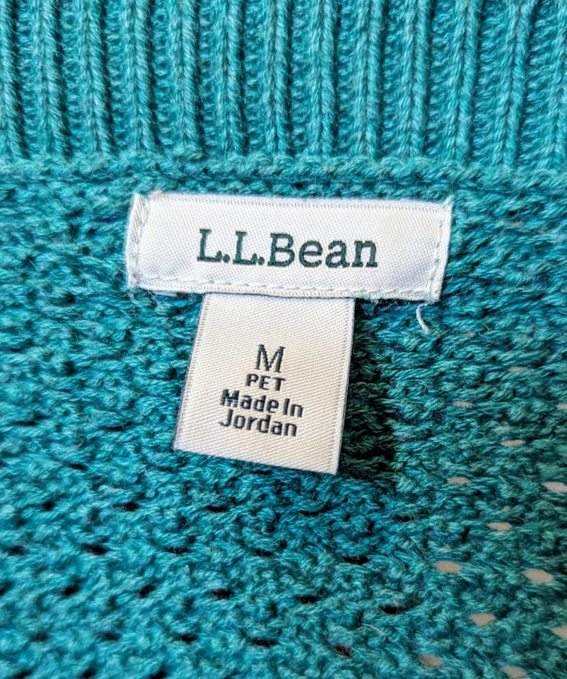 LL Bean Women's Green Cotton Boatneck Basketweave Pullover Sweater