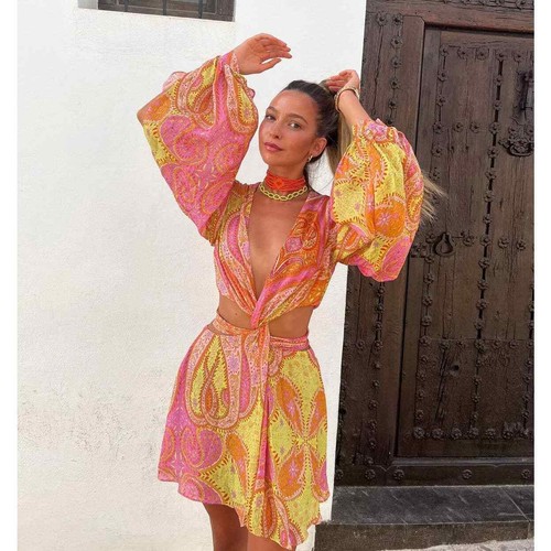 ZARA NEW CUT-OUT BALLOON SLEEVE DRESS S SMALL PAISLEY PRINT PINK | 7631/044 - Picture 3 of 17