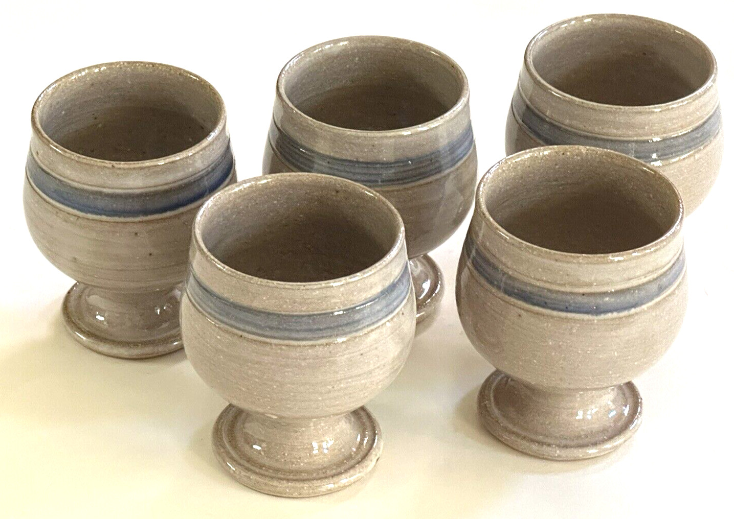 Jugtown Ware Goblets Footed Beige w/Blue Band Set of Five 3-1/4" NC Pottery
