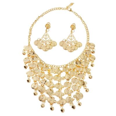 2x Damen Bauchtanz Schmuck Gold Münze Halskette + Haken Ohrringe Zigeuner Party