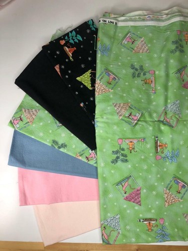 Quilters Project Bundle 5.6 Yards Tiki Cats Mint, Pink, Black Blank Textiles Inc - Picture 7 of 9