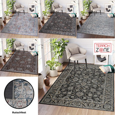 Waschbarer Teppich Rutschfest Grau Schwarz Kurzflor Floral Design Wohnzimmer