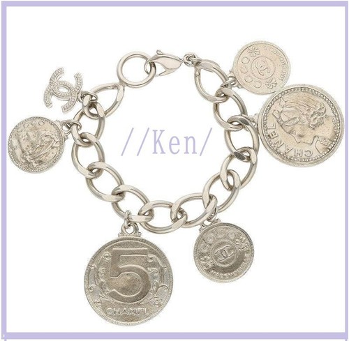 CHANEL Bracelet Bangle AUTH Coco CC chain Logo Vintage Rare Silver Coin No5 F/S - Picture 19 of 20