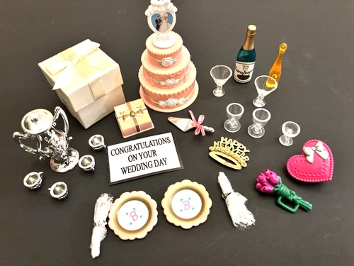 Vintage Barbie and Ken Pink Plastic Wedding Day Cake Set/champagne & glasses,