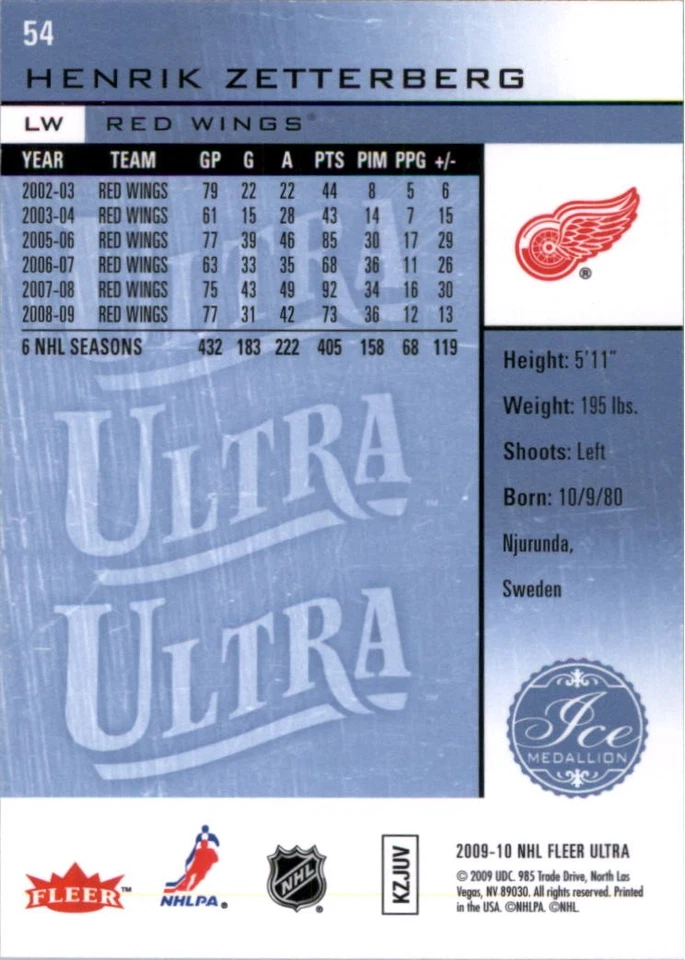 2009-10 Ultra Ice Medallion #54 Henrik Zetterberg /100 - HKY - Image 2 of 2