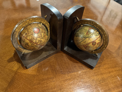 Pair of ''Old World'' Style Globe Bookends on Wood Bases
