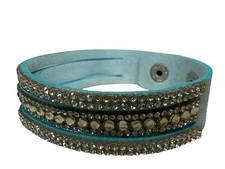 Stylish Powder Blue Faux Leather Crystal Wrap Bracelet Snap Closure Sparkly
