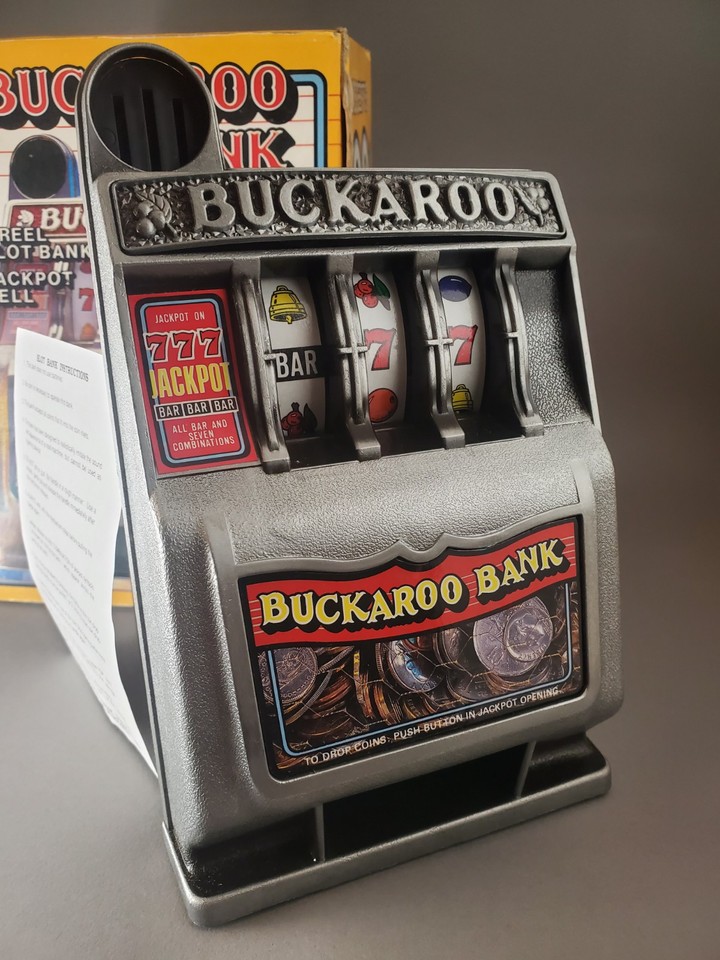 🎰 *NOS* Vintage Buckaroo / Bonanza Mini Slot Machine Bank Original Box ...
